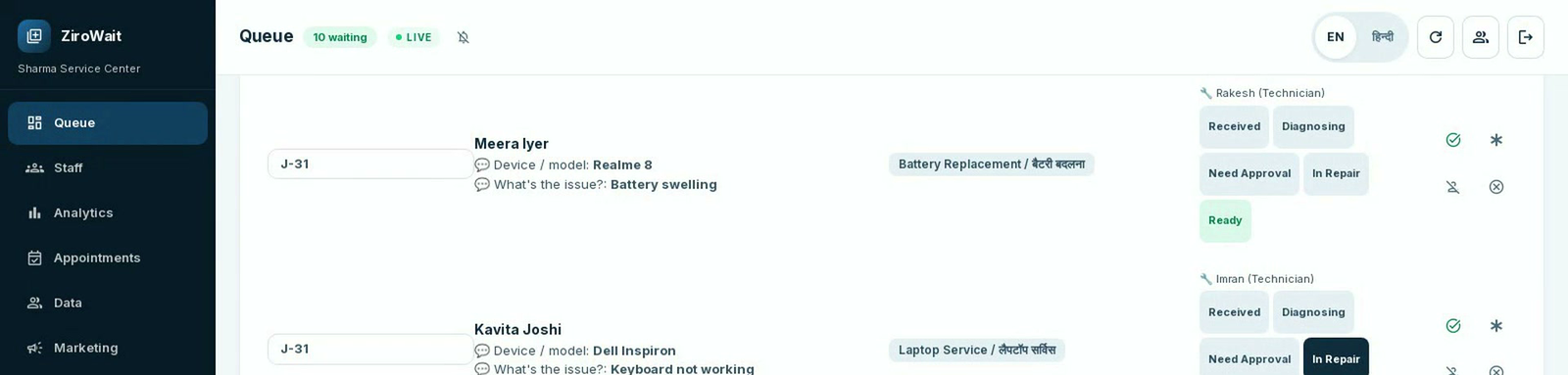 ZiroWait dashboard showing repair job stages (Received, Diagnosing, Need Approval, In Repair, Ready) with technician assignment